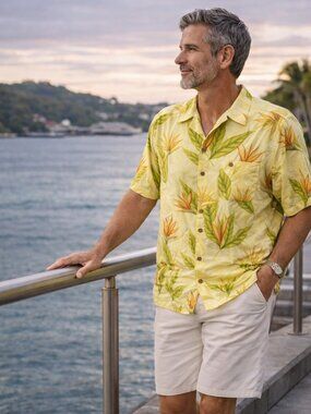 Paradise Coves Silk Hawaiian Shirt Yellow Floral Camp L